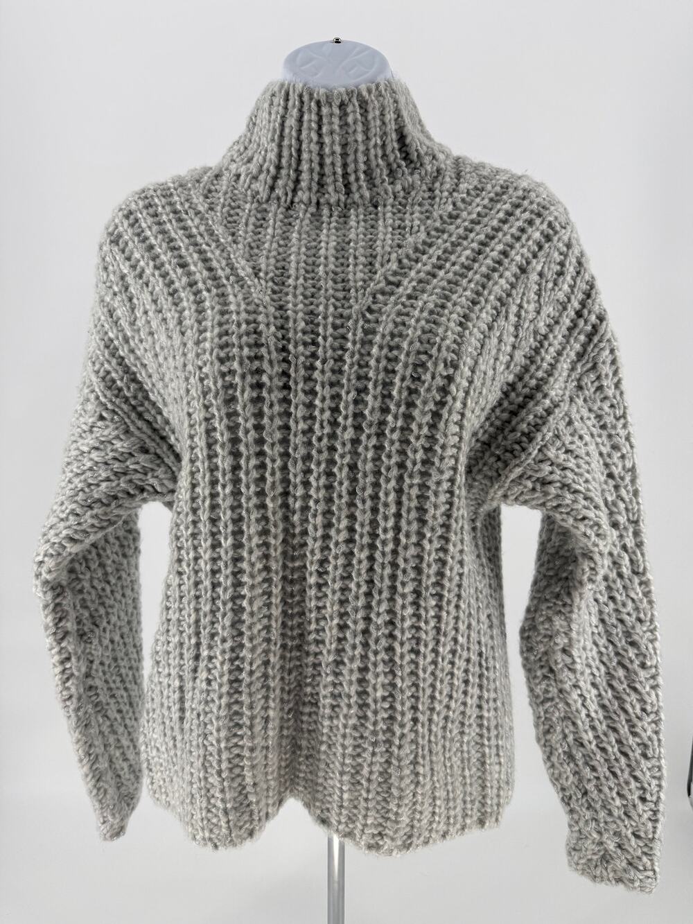 Express XXS Gray Chunky Knit Mock Neck Sweater Wool Blend Metallic Cozy Winter